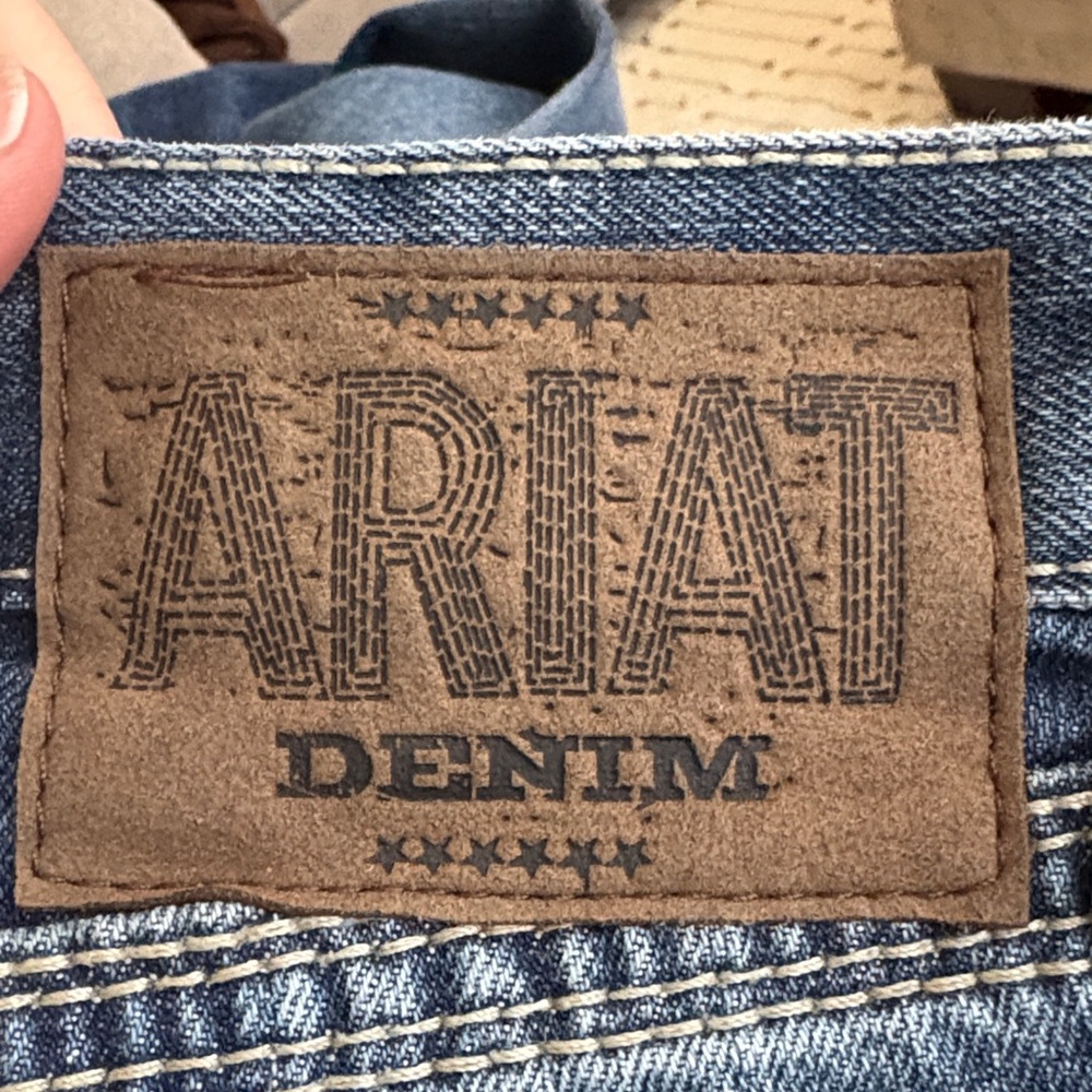 Ariat Men's Mid-Blue Denim Jeans with Leather Brand Patch